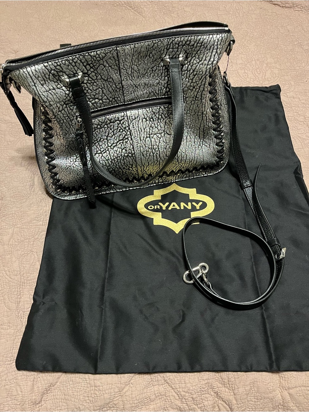 orYANY Metallic Silver and Black Leather Shoulder Tote with Removable Strap